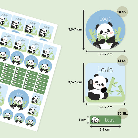 Übersicht der 84 Panda Namensaufkleber mit Größenangaben und Stückzahlen