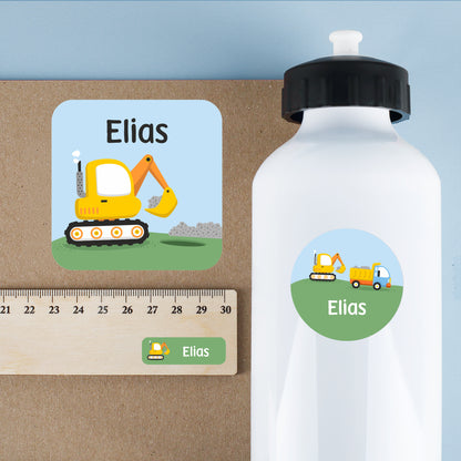 Personalisierte Namensaufkleber mit Baustellen Motiv und Name Elias auf Trinkflasche, Lineal und Karton