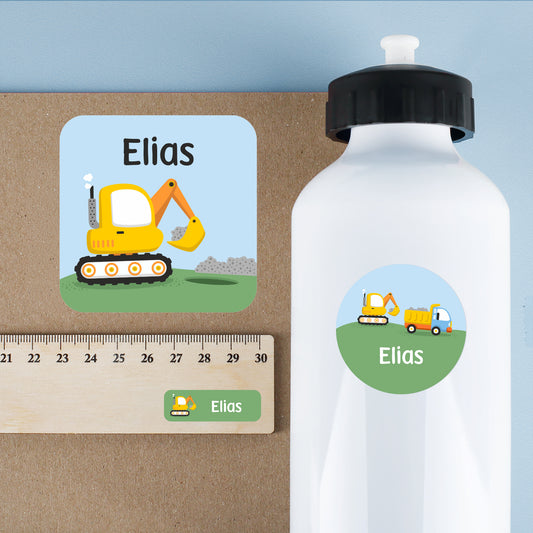Personalisierte Namensaufkleber mit Baustellen Motiv und Name Elias auf Trinkflasche, Lineal und Karton