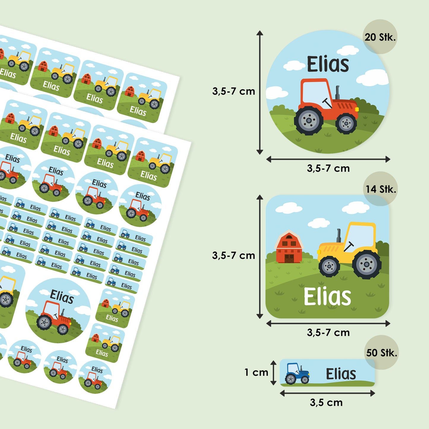 Übersicht der Namensaufkleber mit Traktor Motiv, Größenangaben und Stückzahlen