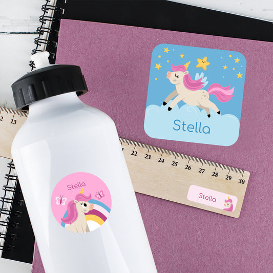Personalisierte Namensaufkleber mit Einhorn Motiv und Name Stella auf Trinkflasche, Lineal und Heft