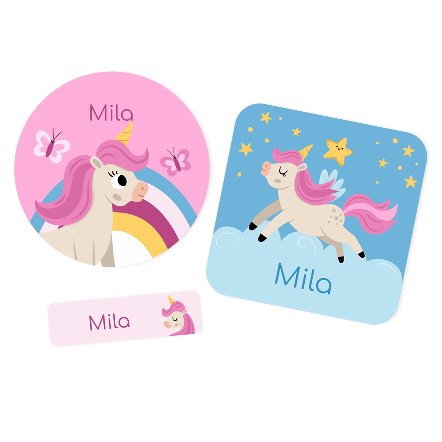 Drei personalisierte Namensaufkleber mit Einhorn Motiv in rund, eckig und schmal mit Name Mila