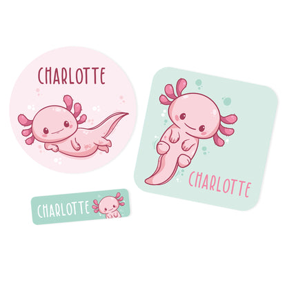 Drei personalisierte Namensaufkleber mit Axolotl Motiv in rund, eckig und schmal mit Name Charlotte