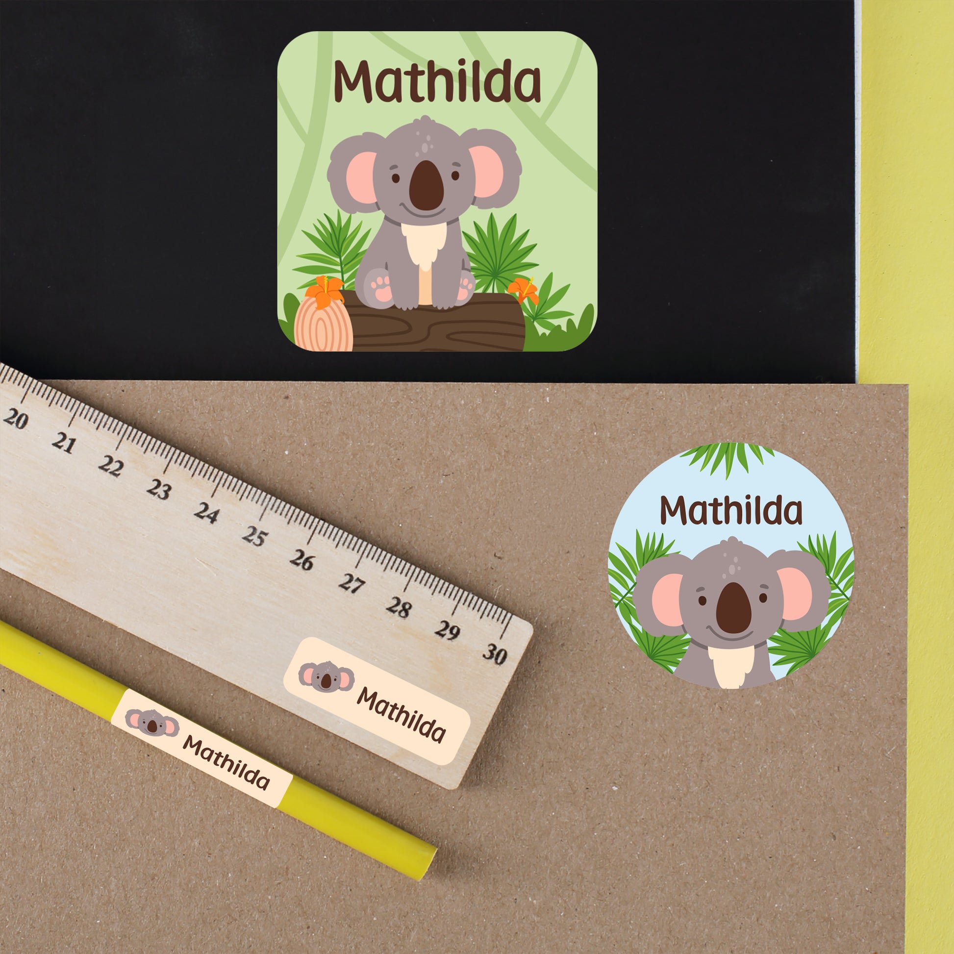 Personalisierte Namensaufkleber mit Koala Motiv und Name Mathilda auf Heft, Karton, Lineal und Stift