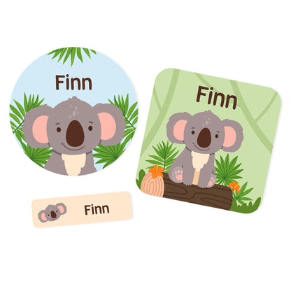 Drei personalisierte Namensaufkleber mit Koala Motiv in rund, eckig und schmal mit Name Finn