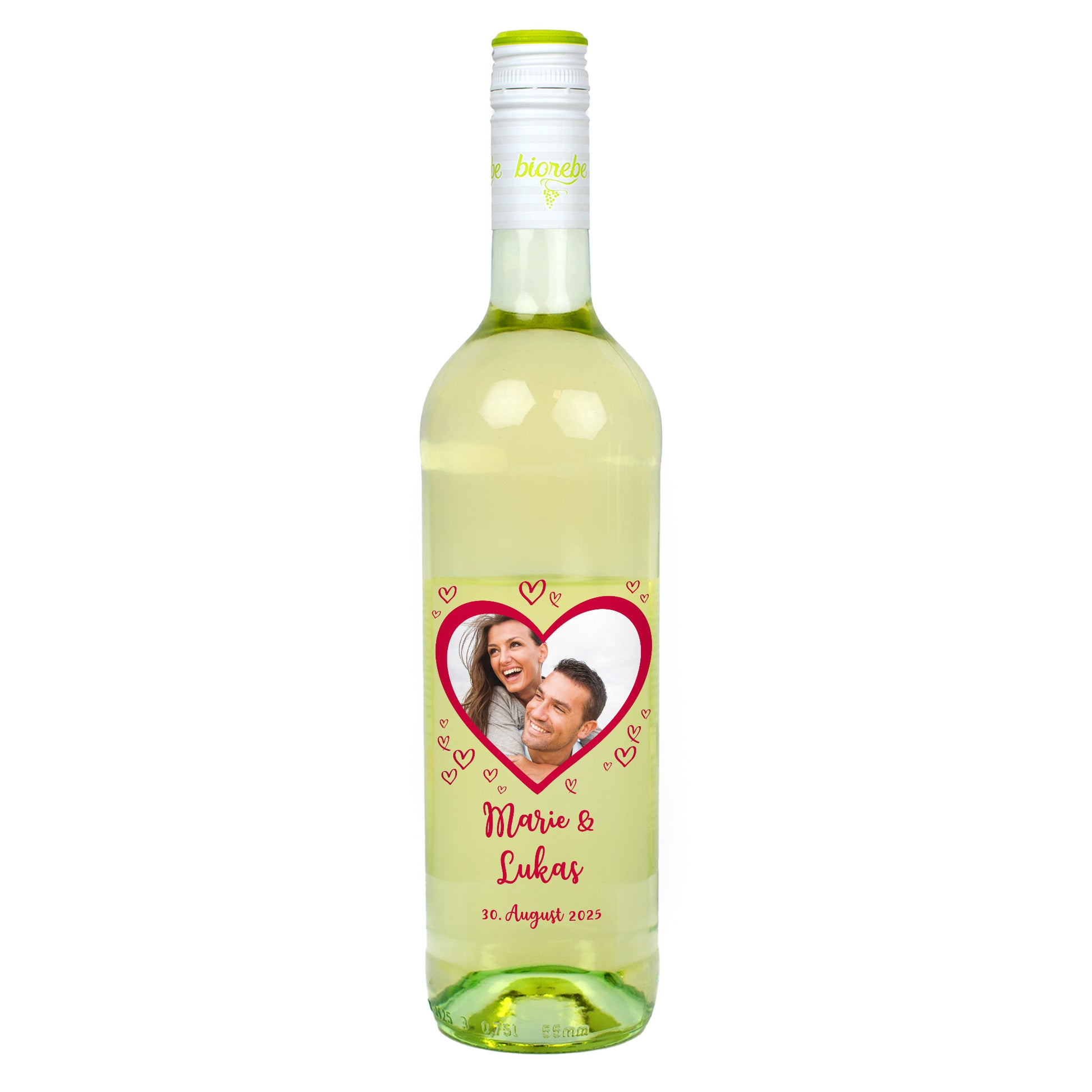 Personalisierte Weißweinflasche mit Herzmotiv und Foto von Paar, Name Marie & Lukas