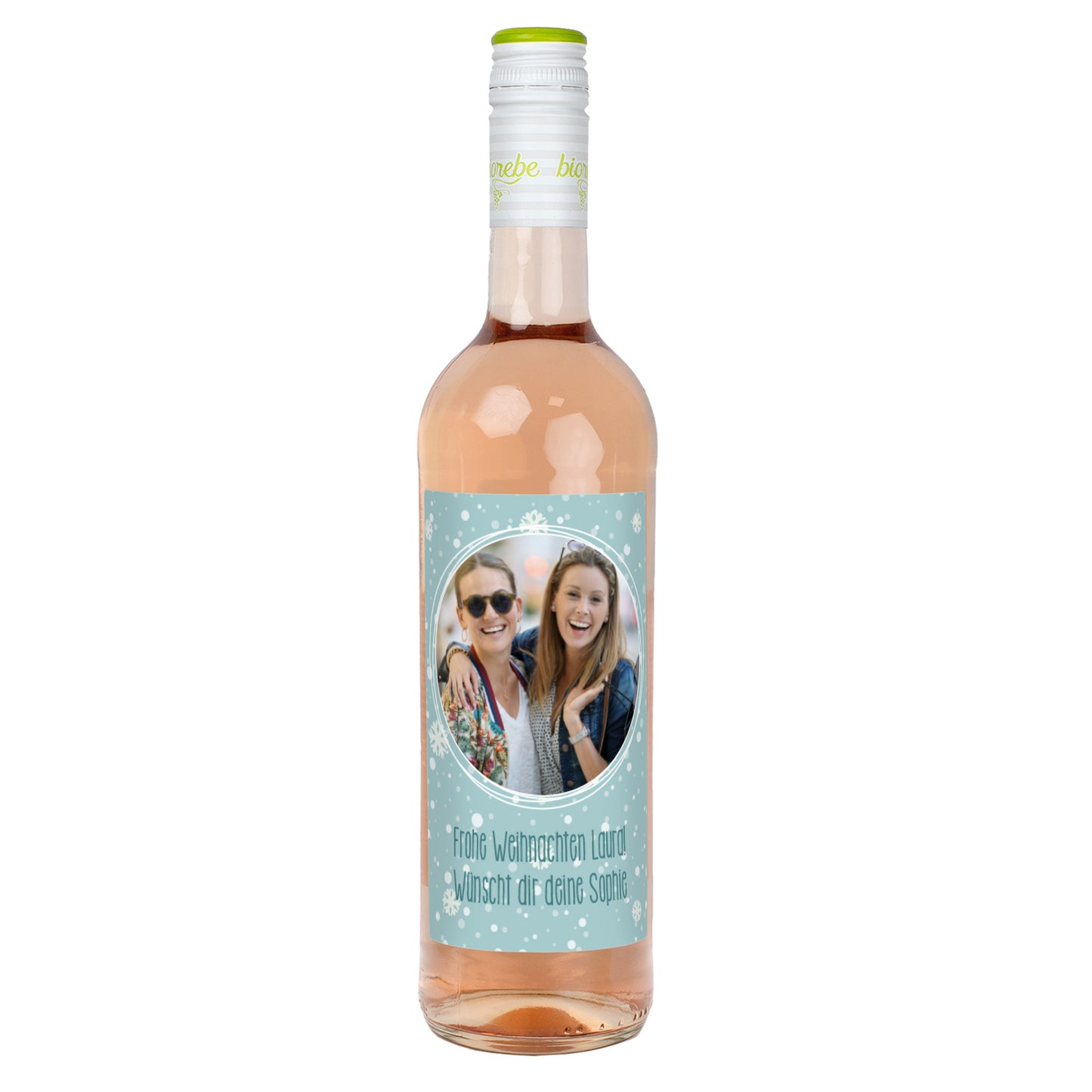 Personalisierte Roséweinflasche mit Schneeflocken-Etikett und eigenem Foto – Freisteller