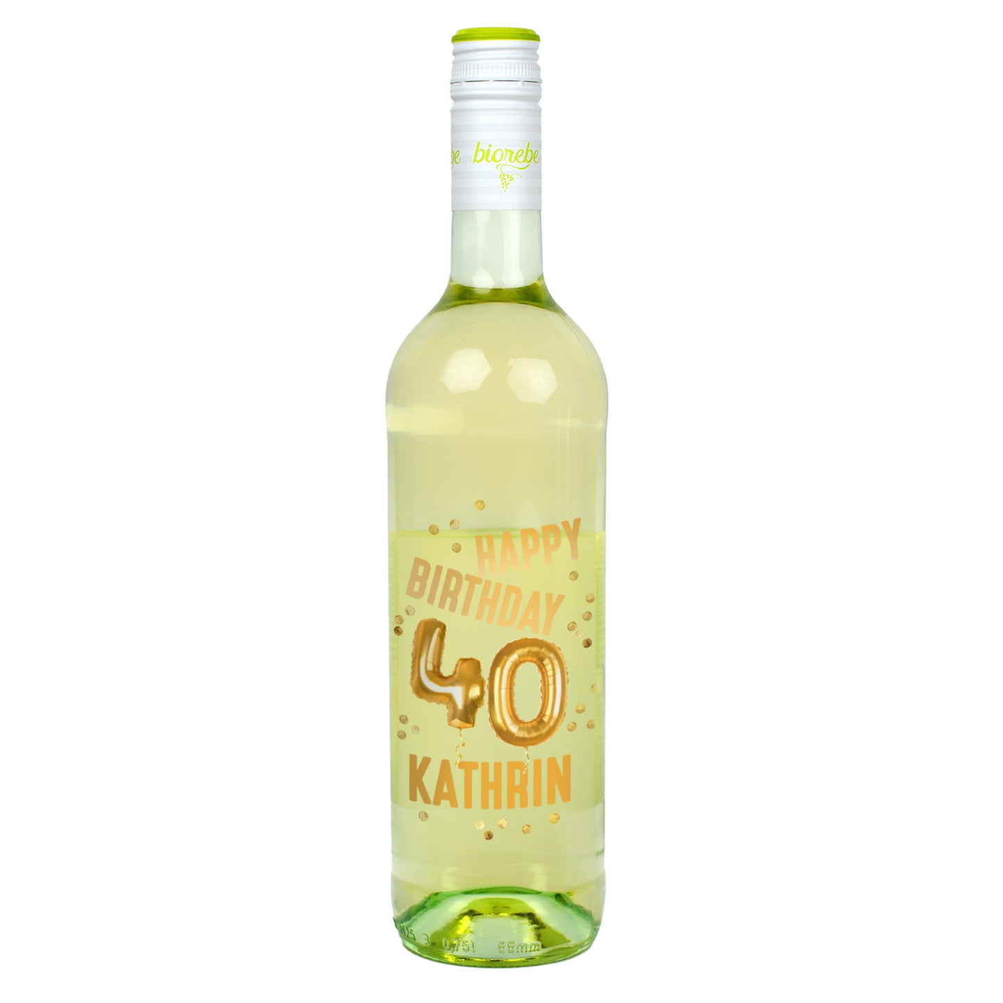 Biorebe Wein zum 40. Geburtstag personalisiert mit Name | Luftballon & Konfetti Design