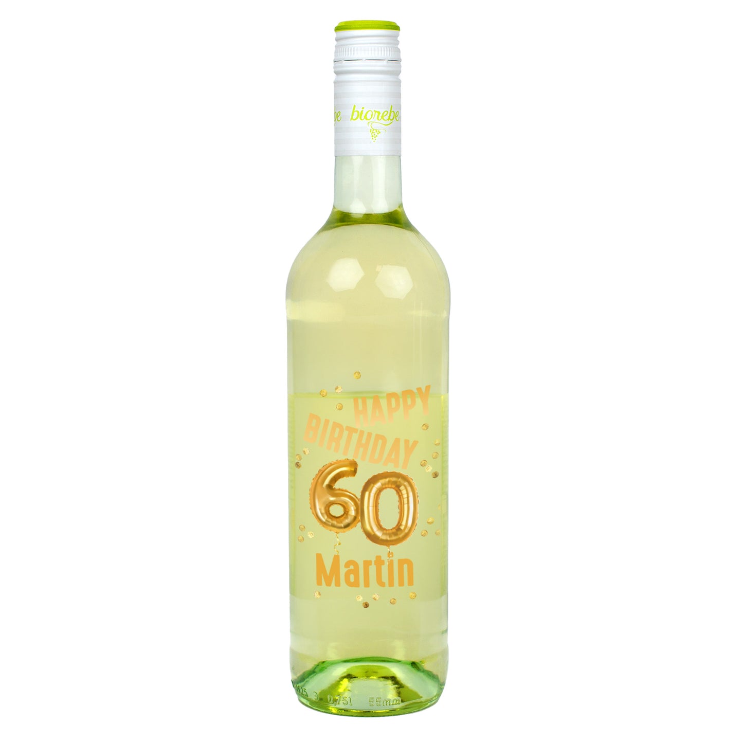 Biorebe Wein zum 60. Geburtstag personalisiert mit Name | Luftballon & Konfetti Design
