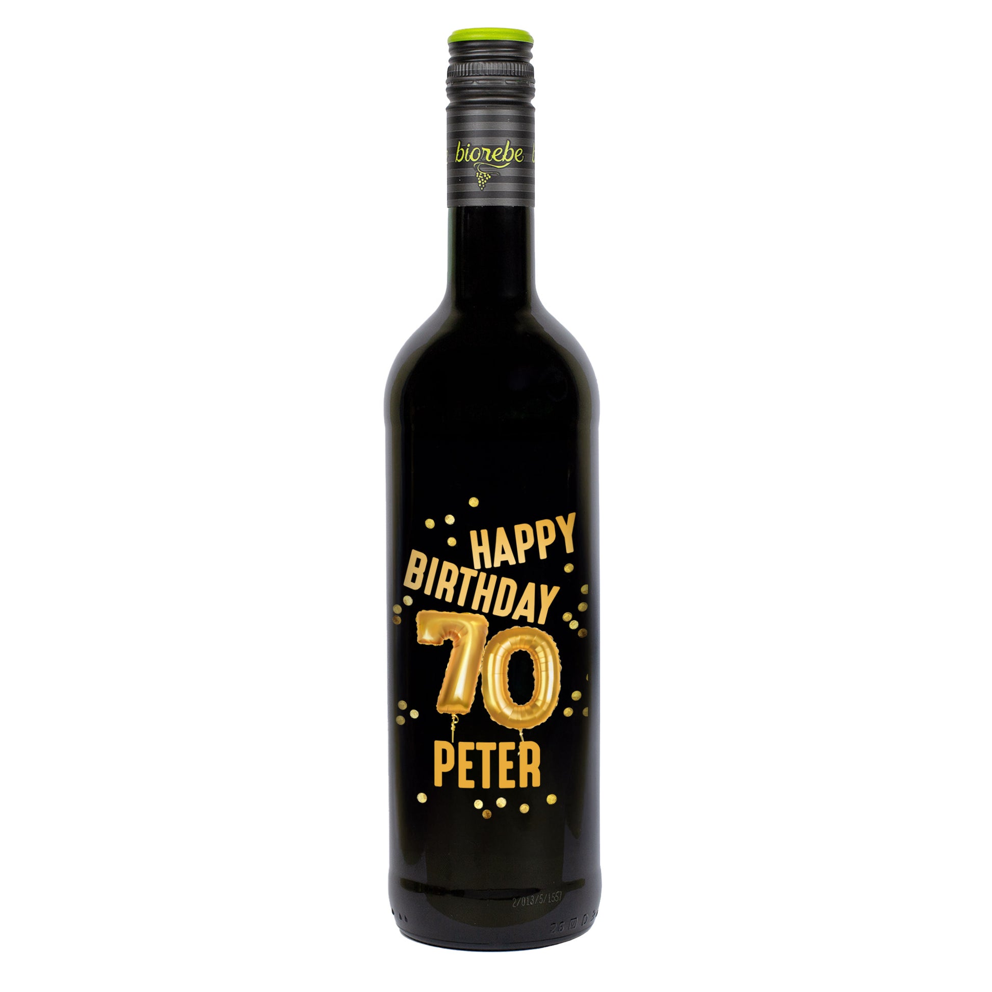 Personalisierte Rotweinflasche mit goldenem Aufdruck „Happy Birthday 70 Peter“ und Ballonzahl-Design, Biorebe Dornfelder