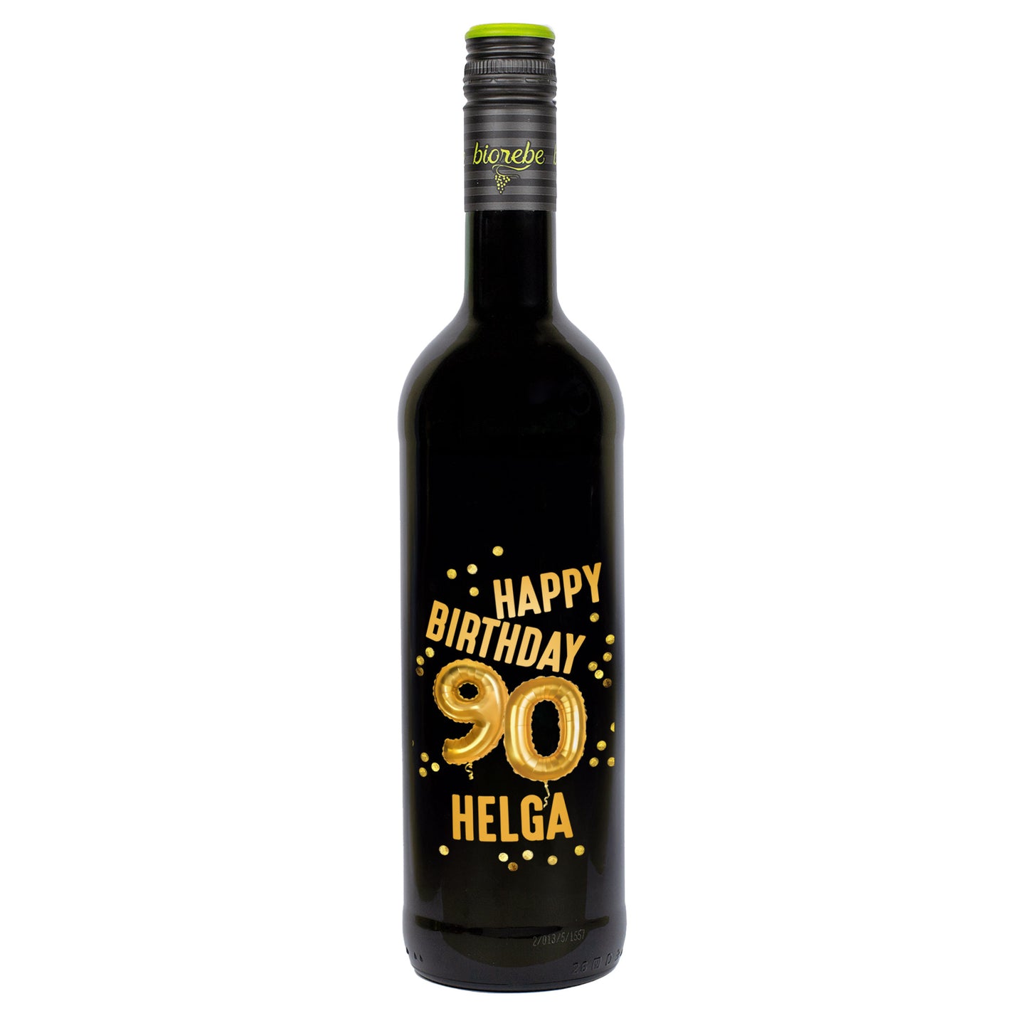 Rotweinflasche mit goldenem „Happy Birthday 90 Helga“-Aufdruck und Ballon-Design, freigestellt