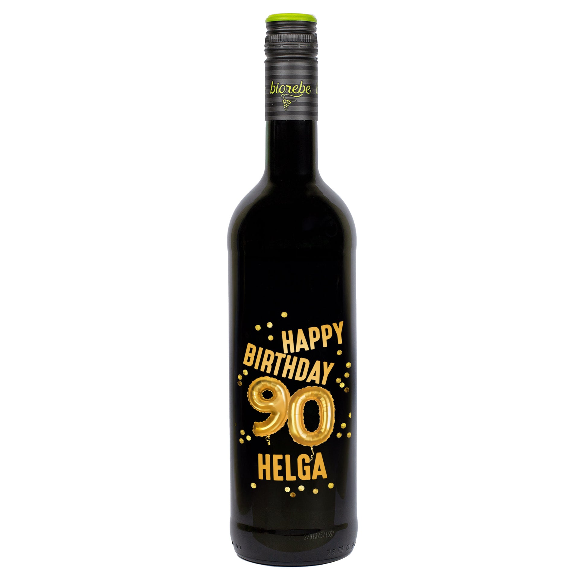 Rotweinflasche mit goldenem „Happy Birthday 90 Helga“-Aufdruck und Ballon-Design, freigestellt