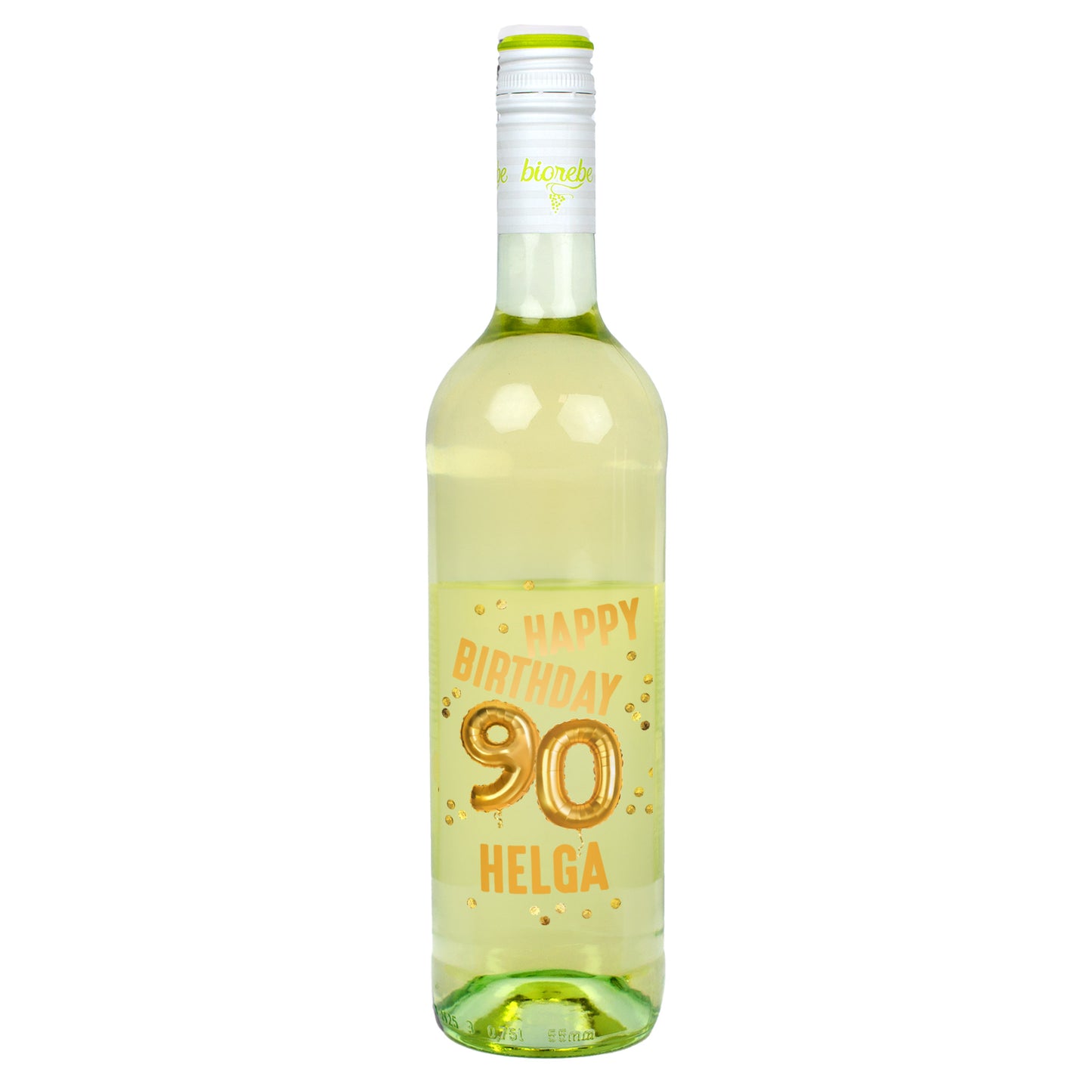 Biorebe Wein zum 90. Geburtstag personalisiert mit Name | Luftballon & Konfetti Design