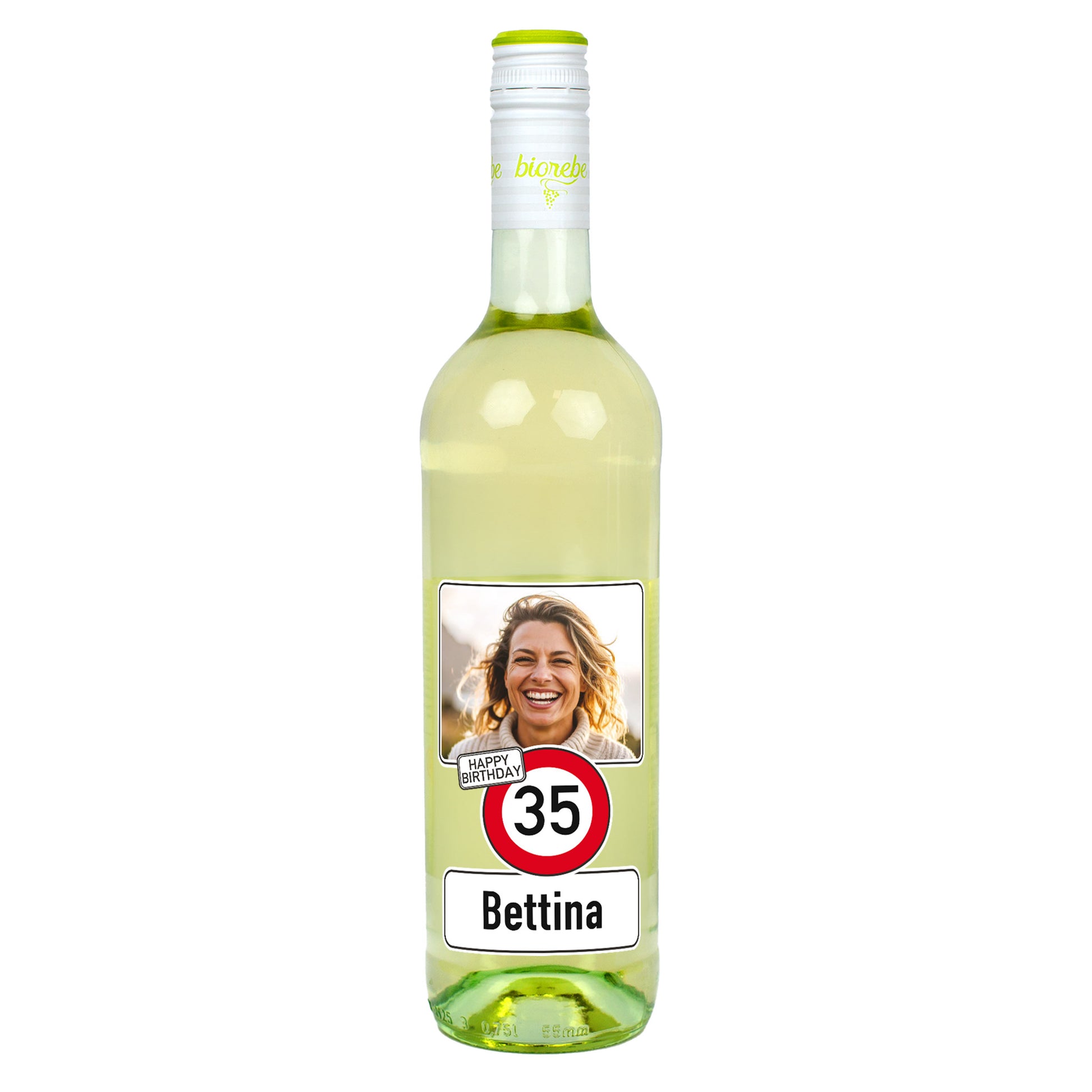 Personalisierte Weißweinflasche zum 35. Geburtstag mit Foto und Name Bettina, Verkehrszeichen-Design
