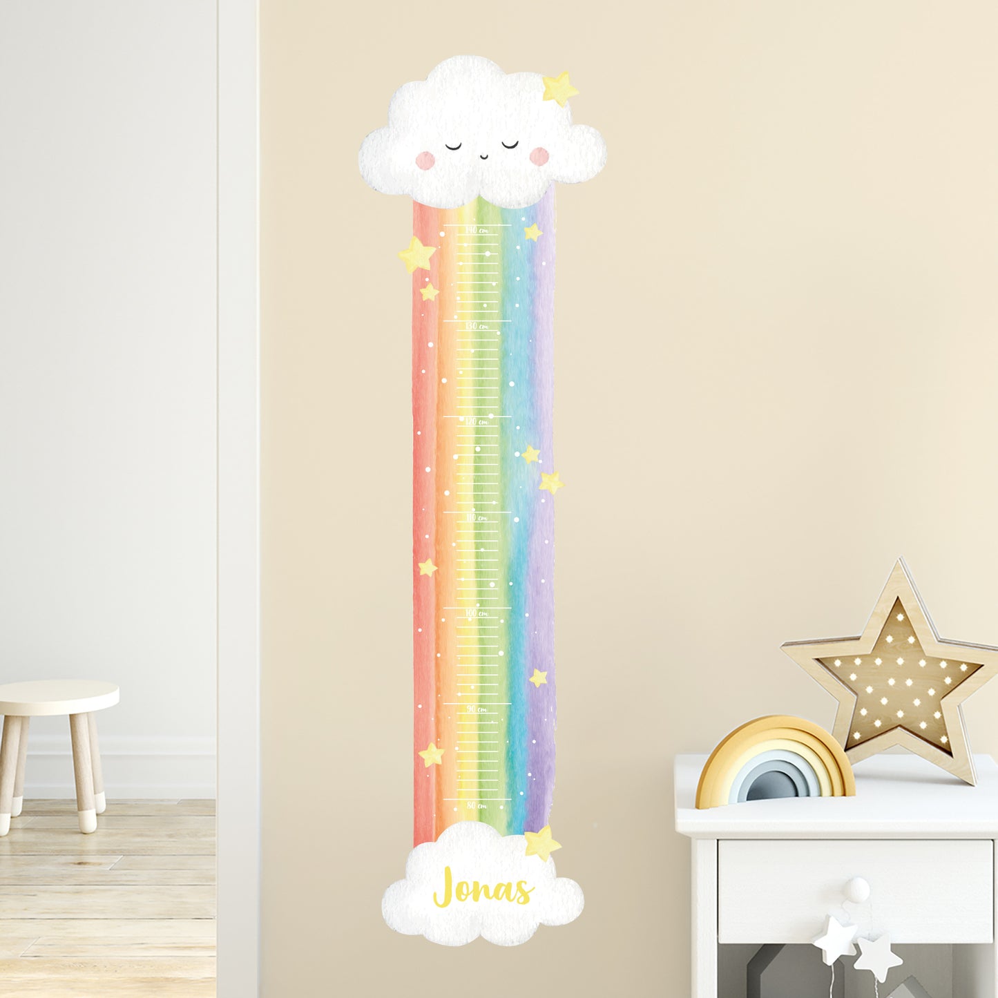 Wandtattoo Messlatte Regenbogen mit Namensaufdruck für Kinderzimmer