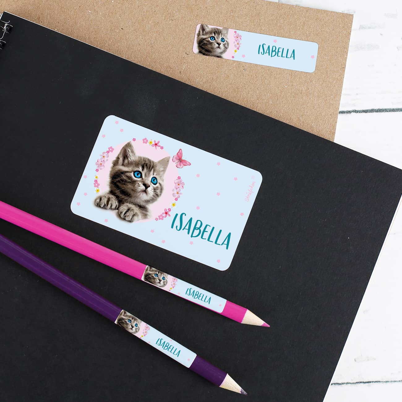 Schule Aufkleber mit Baby-Katze und Name 