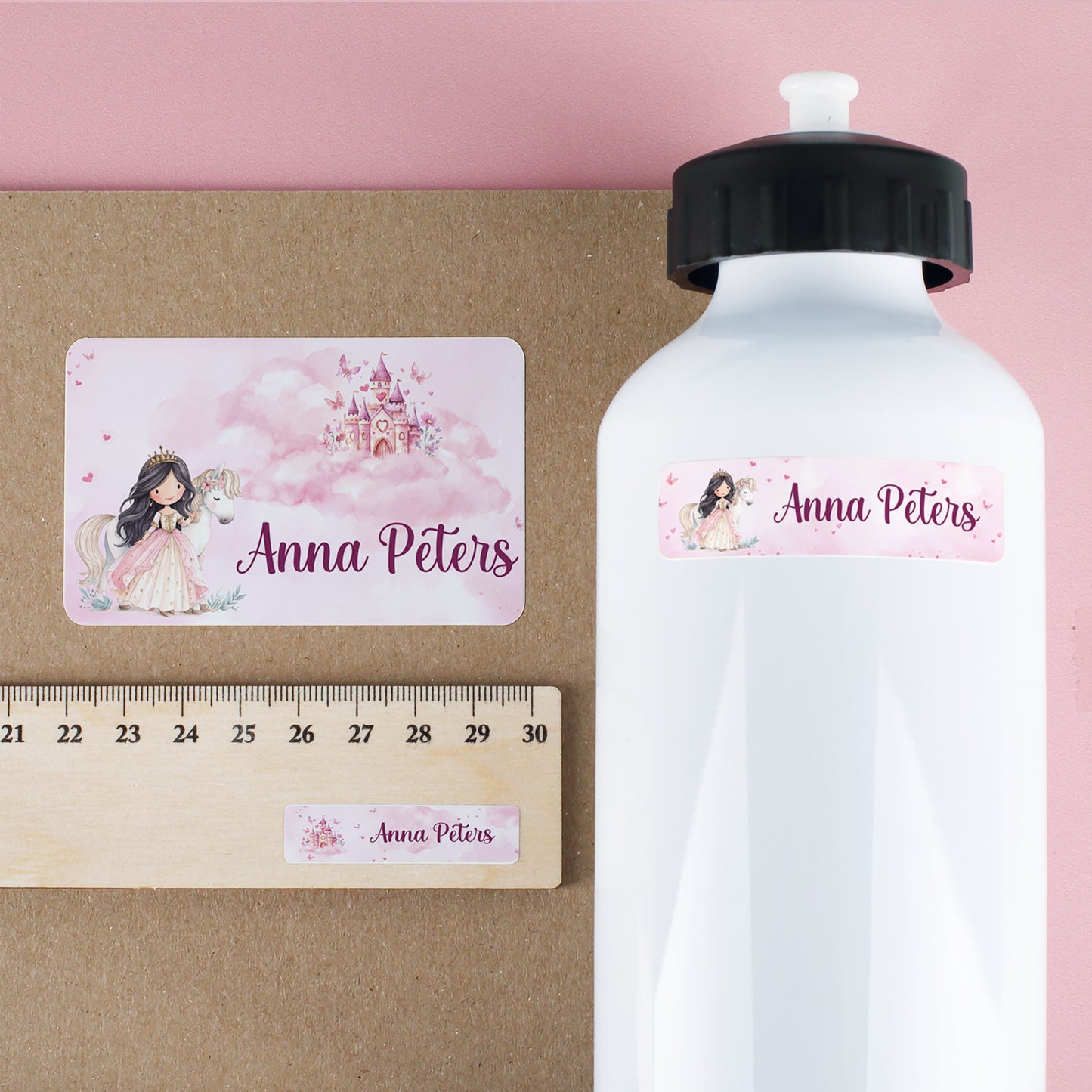 Schulaufkleber Prinzessin mit Name auf Trinkflasche, Heft, Lineal und Schulmaterial