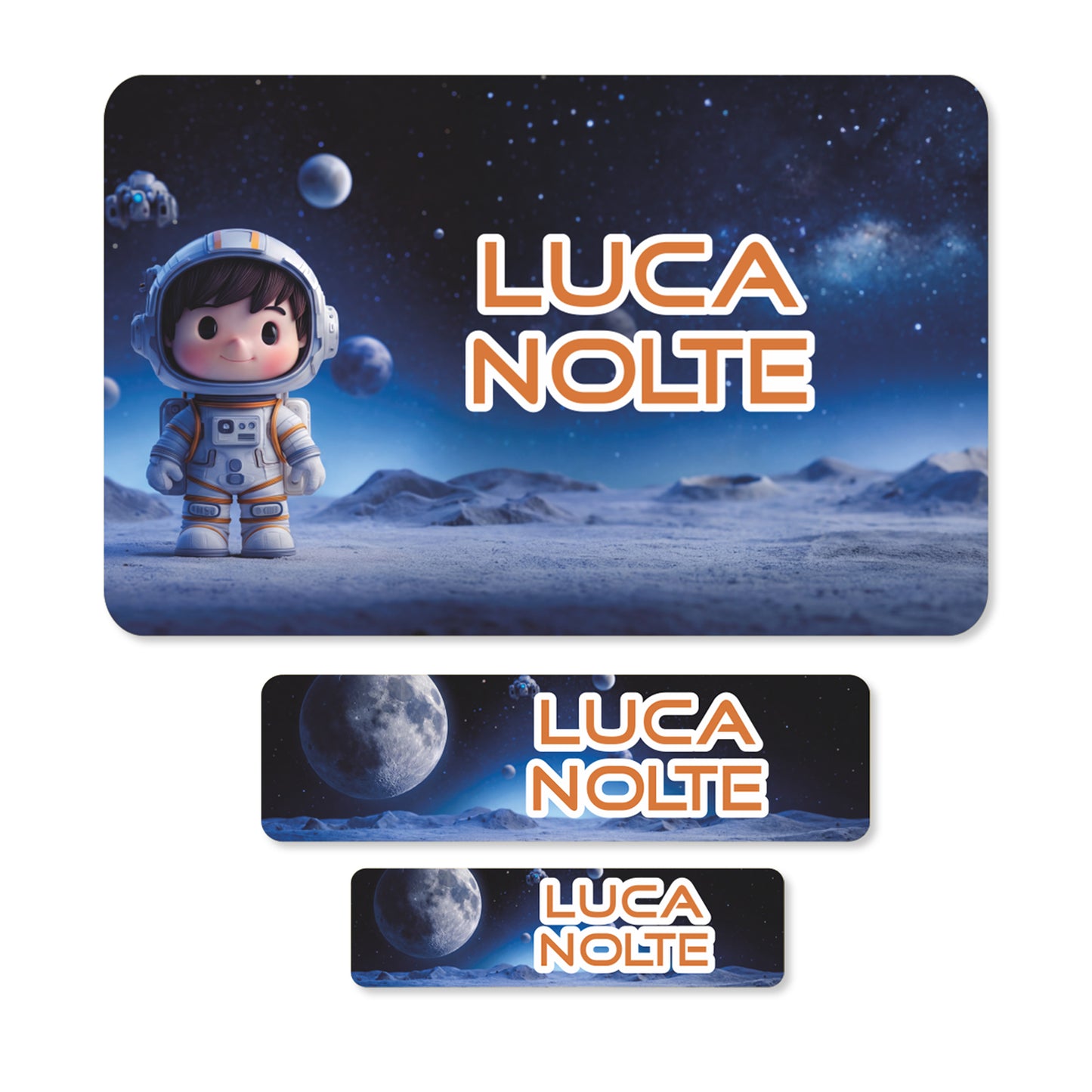 Übersicht der drei Aufklebergrößen mit Weltraum Motiv, Astronaut, Mond und Name Luca Nolte