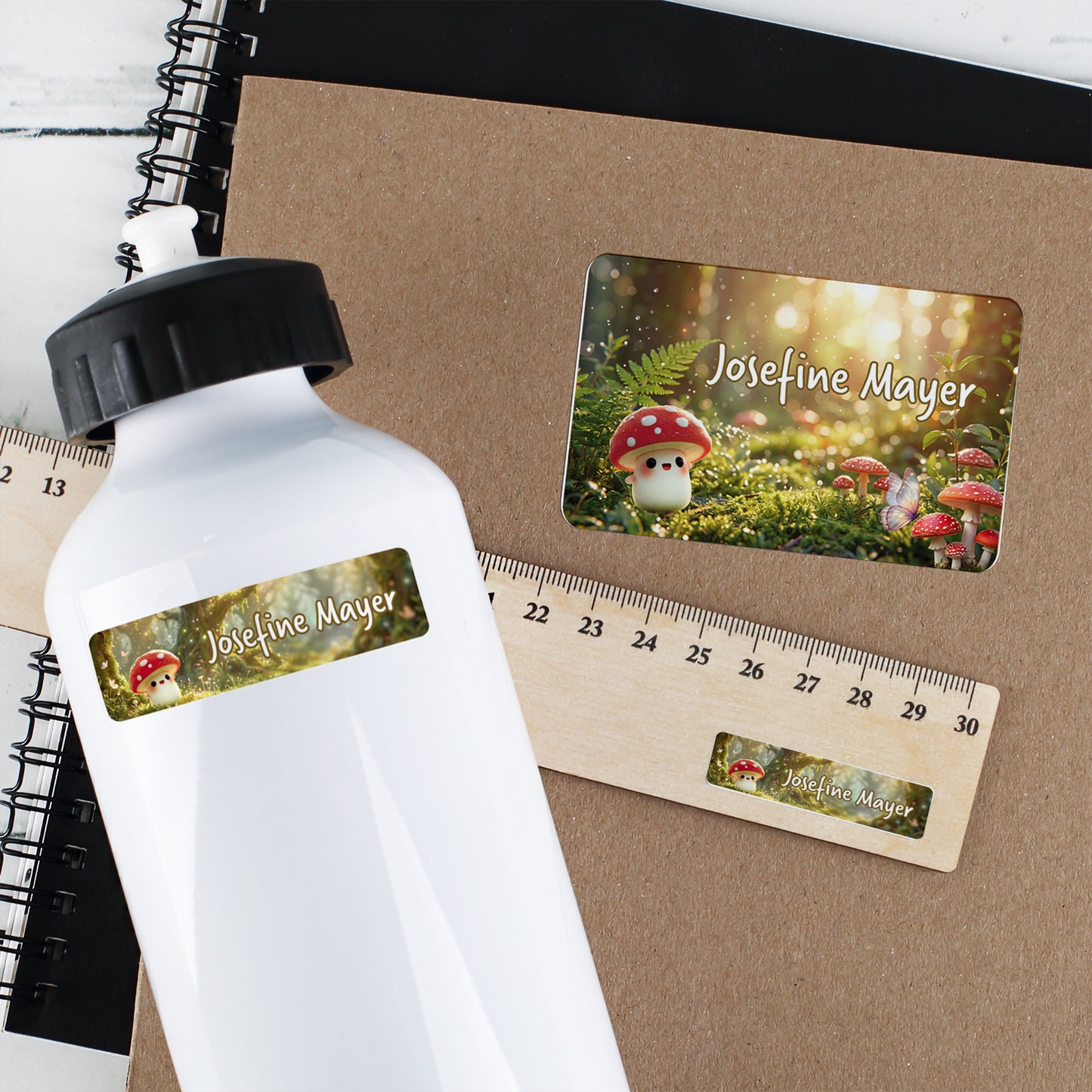 Namensetiketten mit Pilz Motiv auf Trinkflasche, Lineal und Schulmaterial mit Wunschname