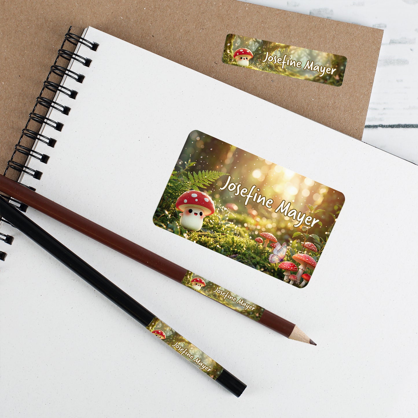 Personalisierte Aufkleber mit Pilz Motiv für Stifte, Hefte und Schulmaterial mit Name