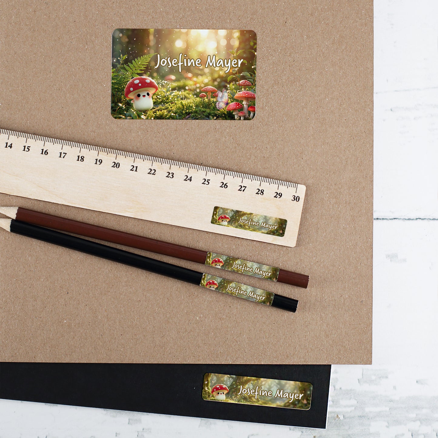 Namensaufkleber Set mit Pilz Motiv für Stifte, Lineal, Hefte und Schulmaterial