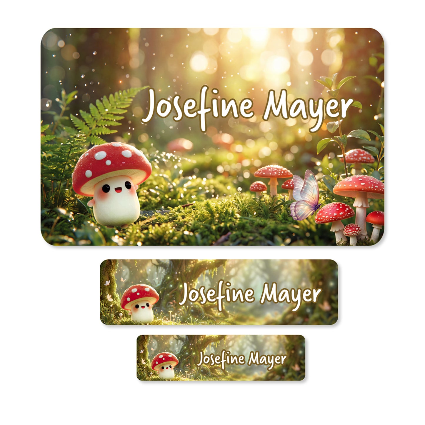 Freisteller der personalisierten Namensaufkleber mit Pilz Motiv in drei Größen