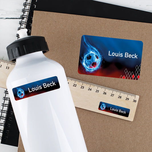 Personalisierte Fußball-Namensaufkleber mit Name Louis Beck auf Trinkflasche, Heft und Lineal