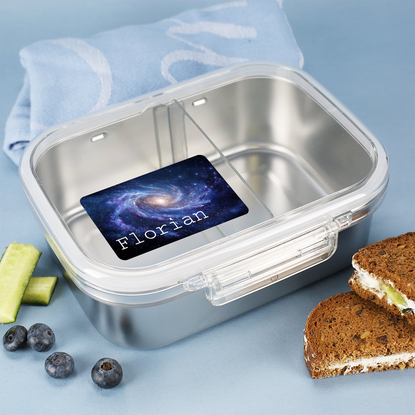 Lunchbox mit transparentem Deckel und personalisiertem Galaxy Namensaufkleber mit Name Florian für Schule und Kindergarten