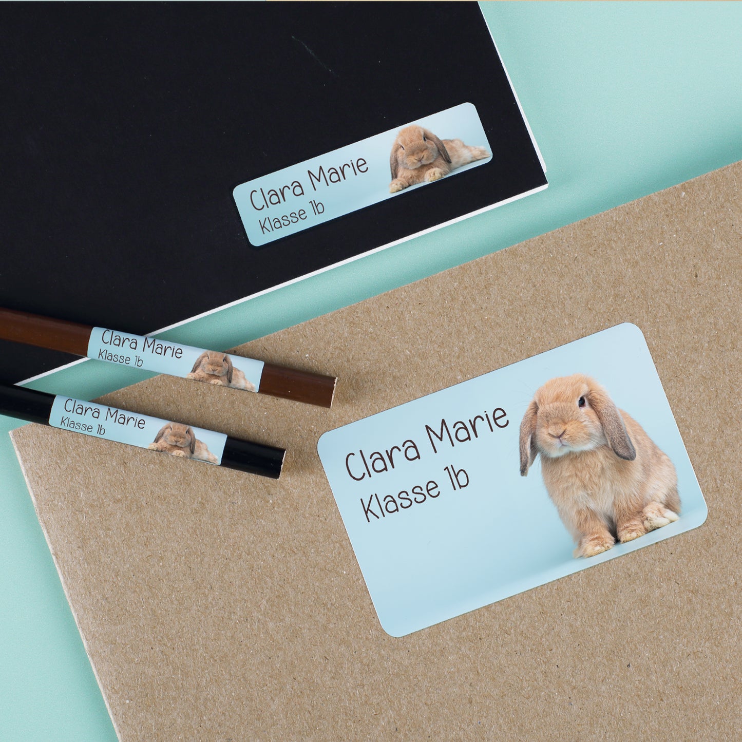 Personalisierte Namensaufkleber mit Hase Motiv, Wunschtext Clara Marie und Klasse 1b auf Heft, Stiften und Mappe