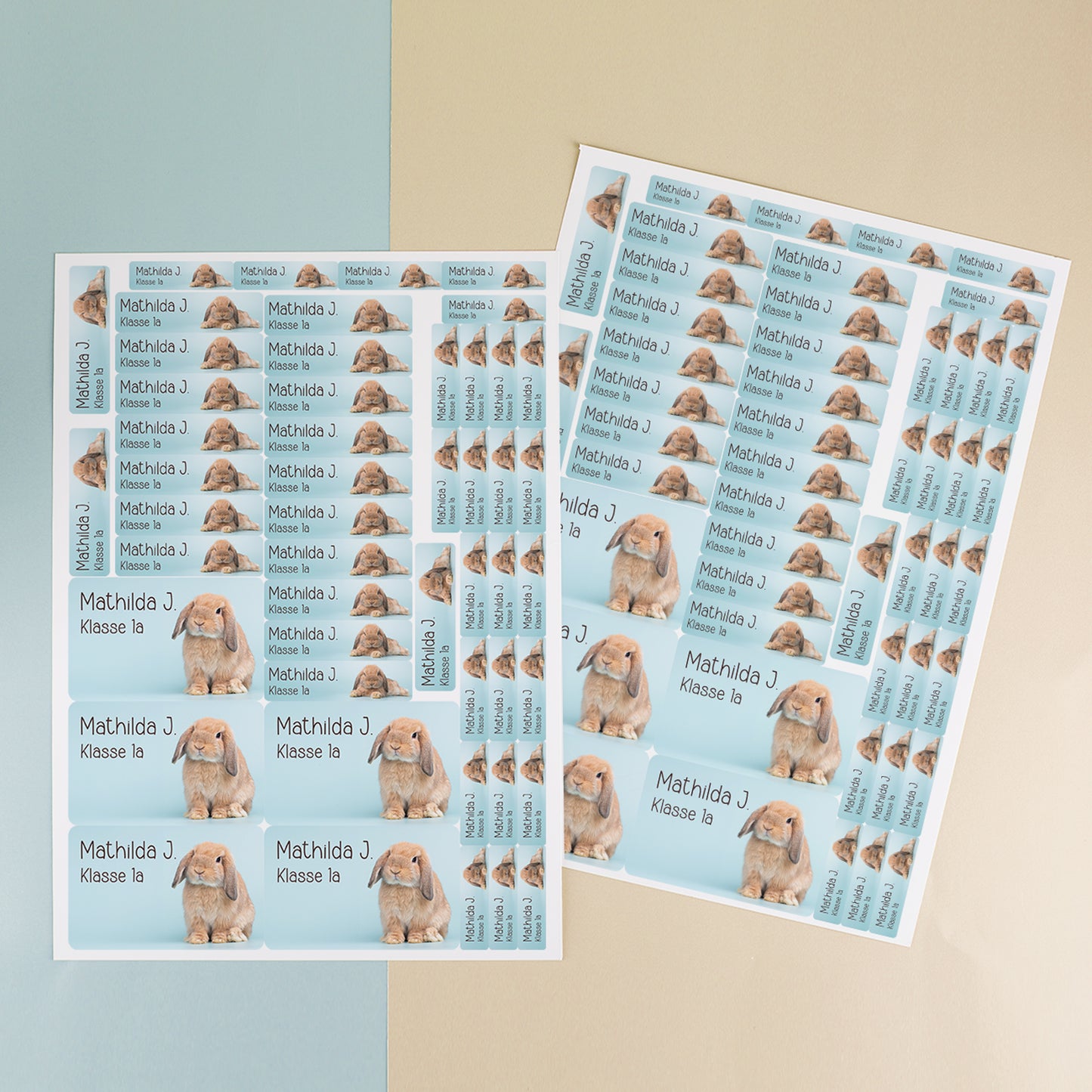 100-teiliges Namensaufkleber Set mit Kaninchen Motiv, Wunschtext Mathilda J. und Klasse 1a auf zwei Bögen