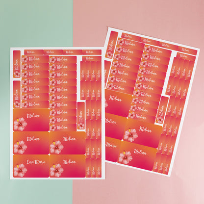 Zwei Aufkleberbögen mit 100 Namensaufklebern im Hibiskus Design für Schule und Einschulung