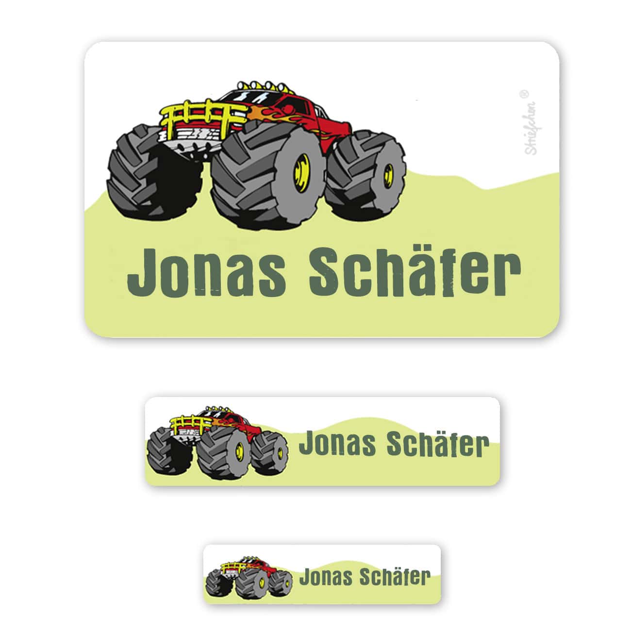 Schulaufkleber mit dem Namen und Monstertruck