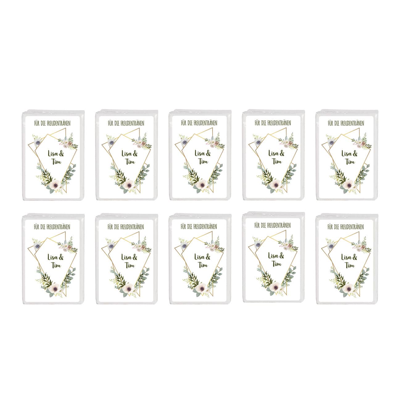 Freudentränen-Taschentücher zur Hochzeit mit Blüten in Aquarell-Optik und Namen 10er Set