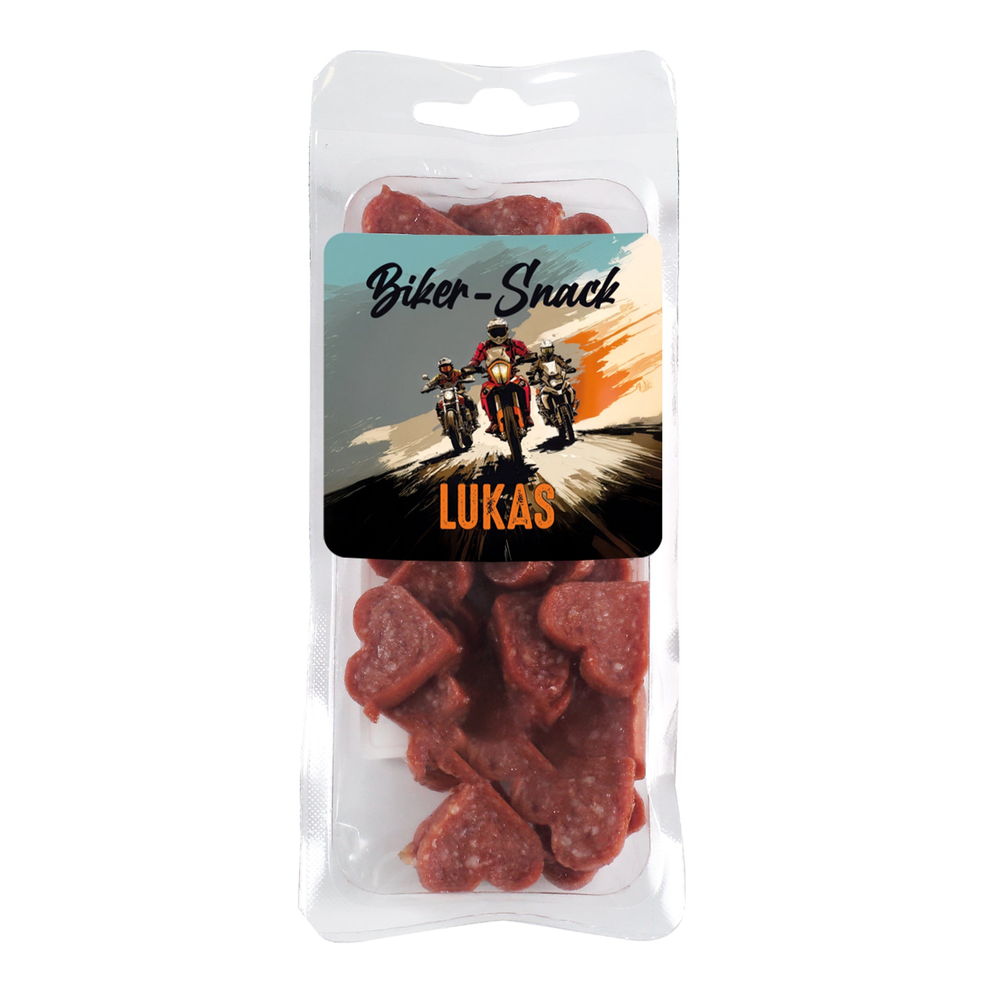 Salamiherzen mit Biker-Motiv und Name Lukas – origineller Snack für Motorradfahrer