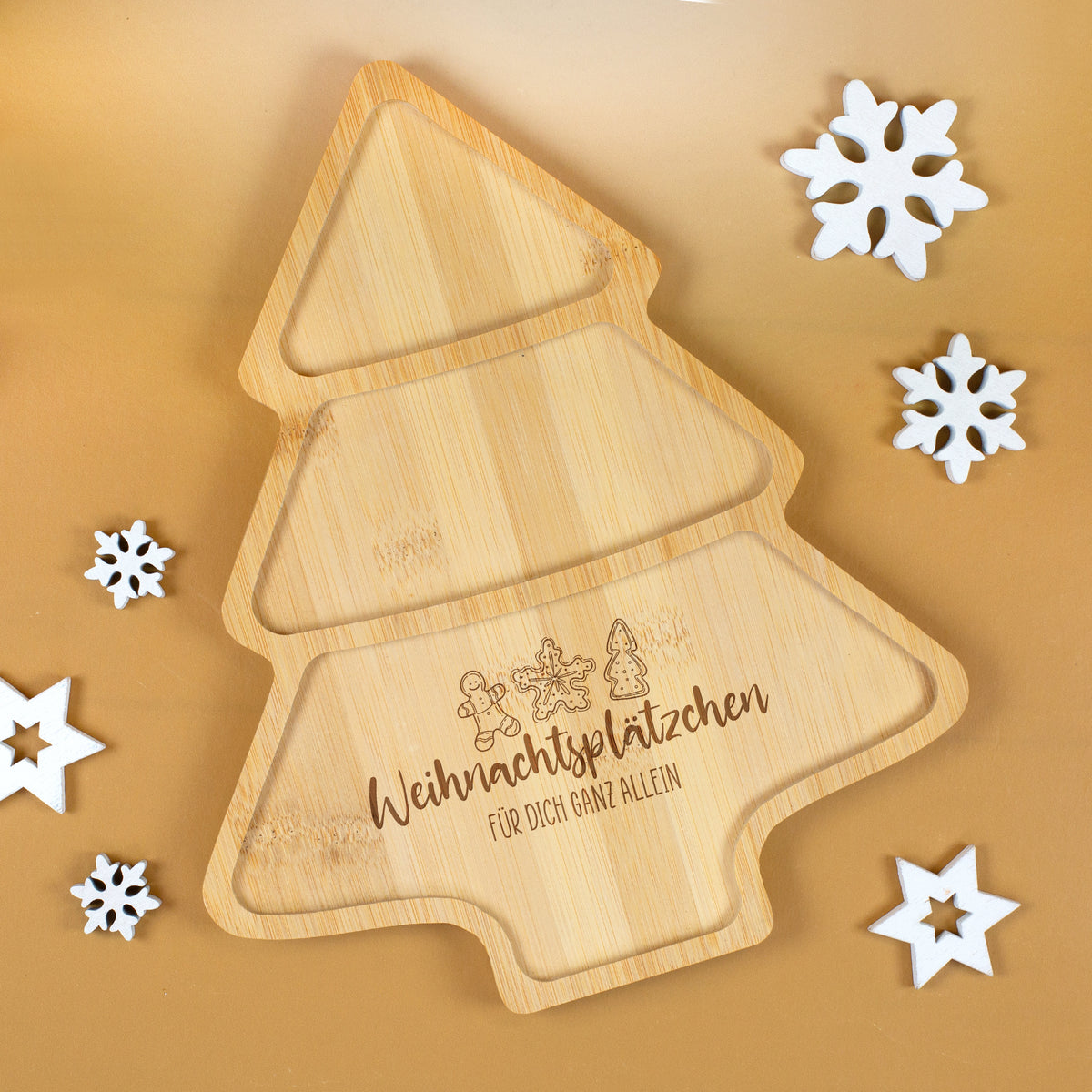 Bambus Plätzchenteller mit Wunschtext graviert | Personalisiertes Servierbrett als Weihnachtsbaum