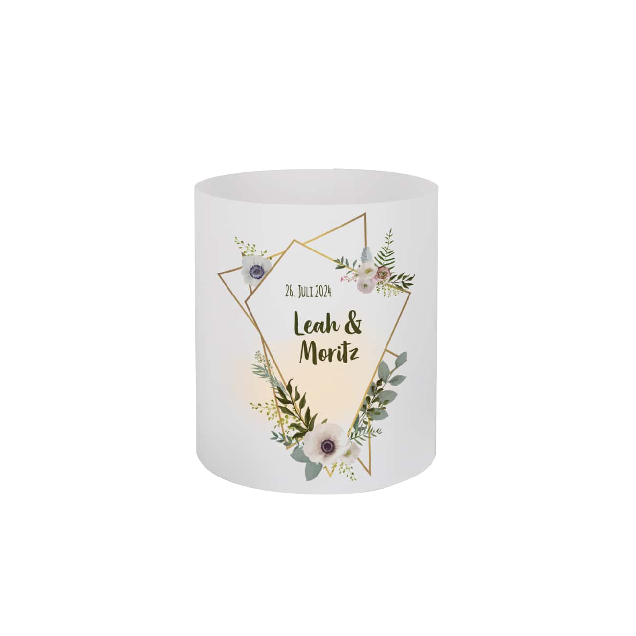 4er Set Lichthüllen zur Hochzeit mit Blüten, Namen und Datum
