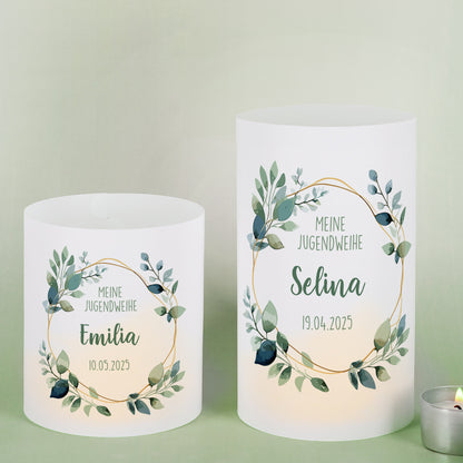 Zwei Lichthüllen zur Jugendweihe mit Namen „Emilia“ und „Selina“, Größenvergleich nebeneinander