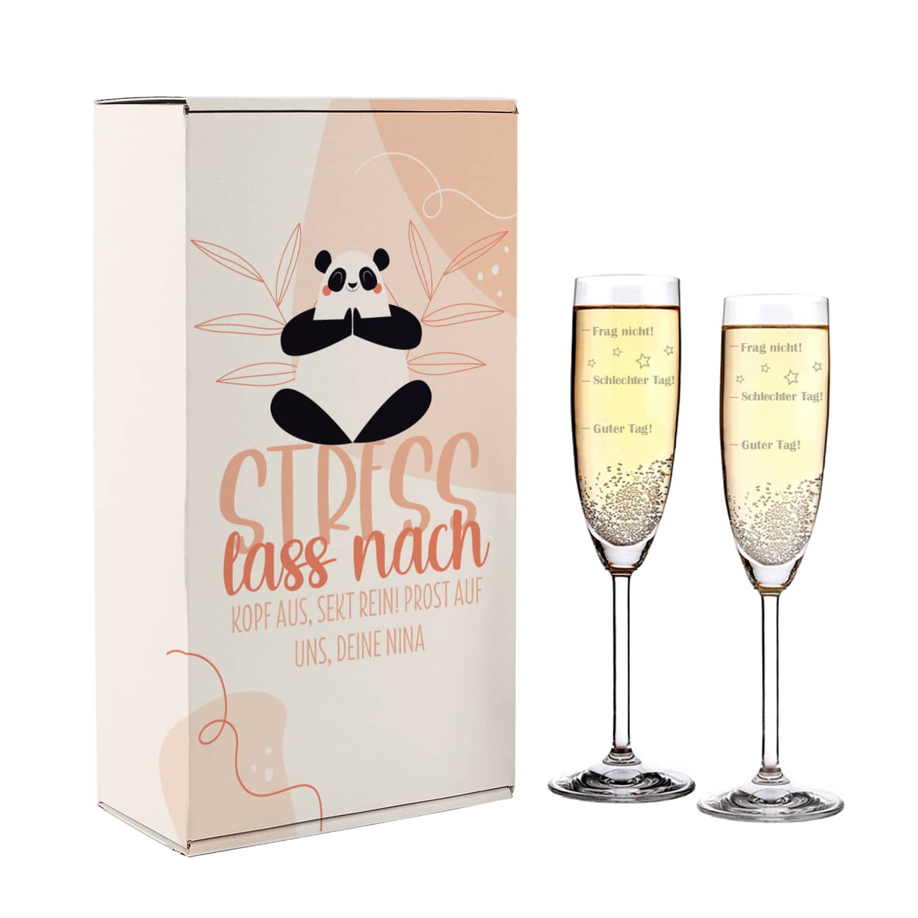 Personalisierte Stress lass nach Geschenkbox mit Sektgläsern