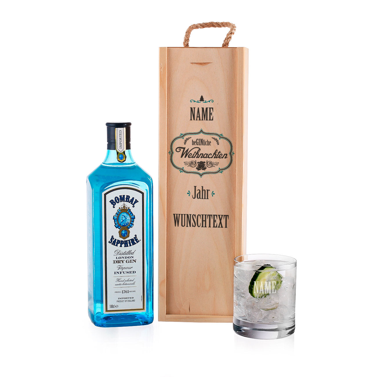 Gin Set mit bedruckter Holzverpackung, Bombay Gin und graviertem Glas