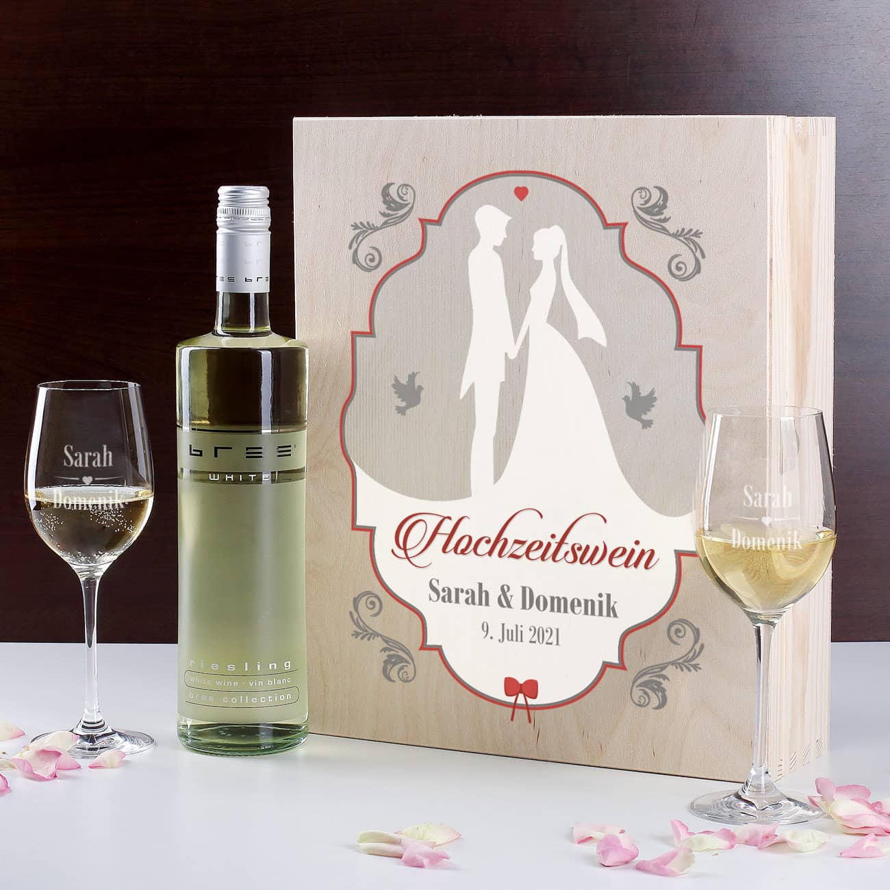 Hochzeitswein mit 2 gravierten Gläsern in edler Holzbox