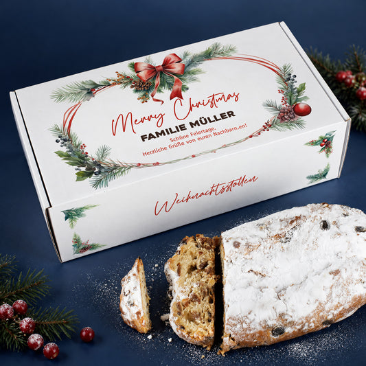 1000g Rosinenstollen in festlicher Verpackung mit Name und Wunschtext zu Weihnachten