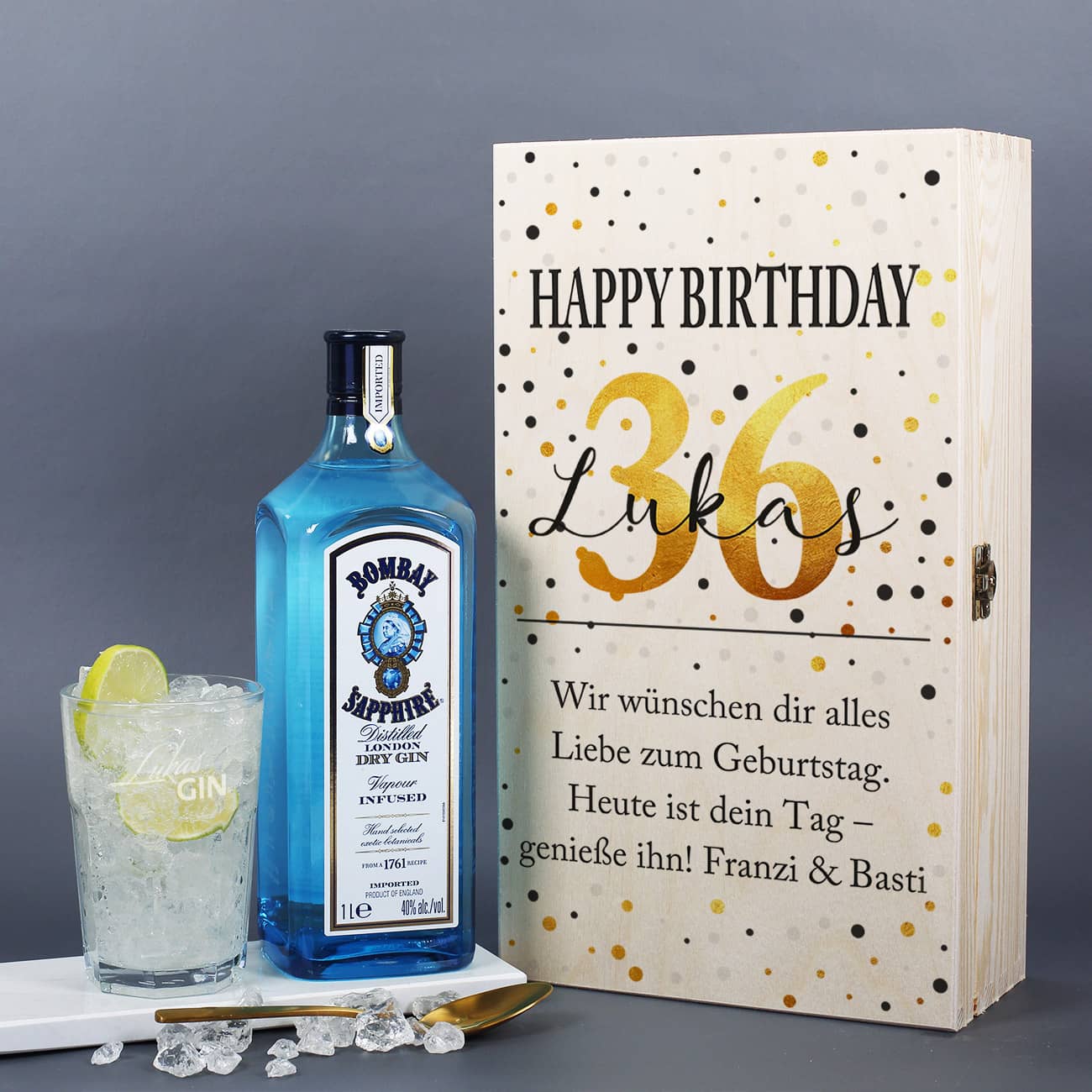 Ginset zum Geburtstag mit graviertem Glas