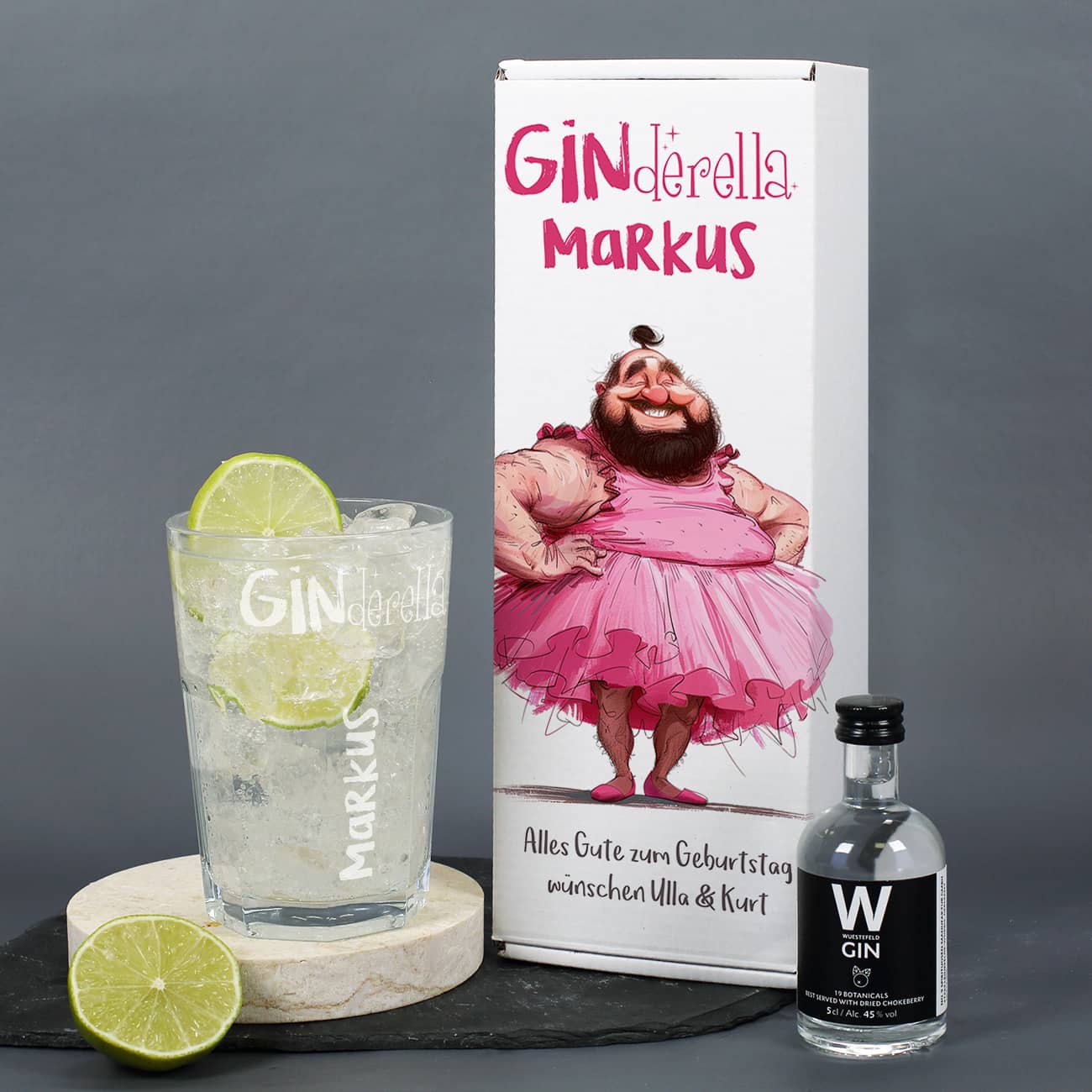 Geschenkbox mit Text personalisiert, Wüstefeld Gin & graviertes Glas