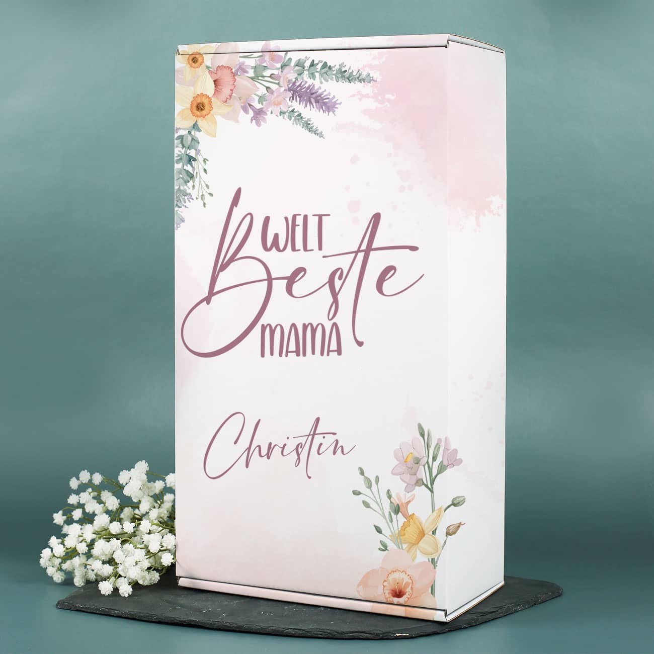 Personalisierte Geschenkverpackung mit Blumen & Name nach Wunsch bedruckt