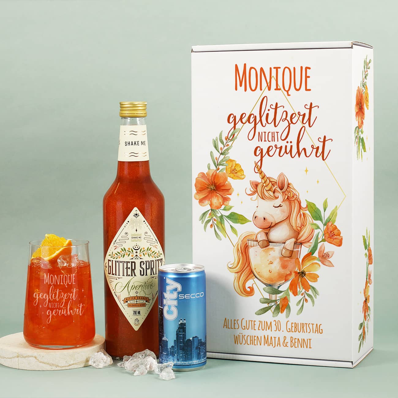 Glitter Spritz Geschenkset mit niedlichem Einhorn-Motiv auf Geschenkverpackung