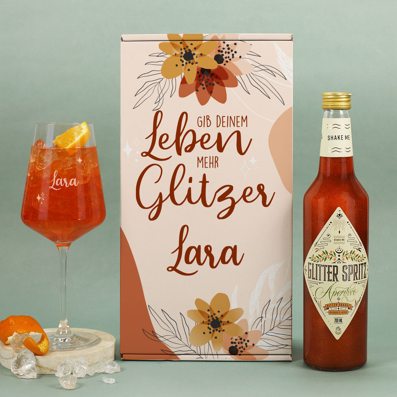 Gib Deinem Leben mehr Glitzer - Glitter Spritz Geschenkset mit personalisiertem Weinglas