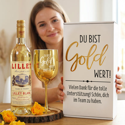 Du bist Gold wert! Geschenkset mit Lillet Blanc und Trinkkelch und Wunschtext