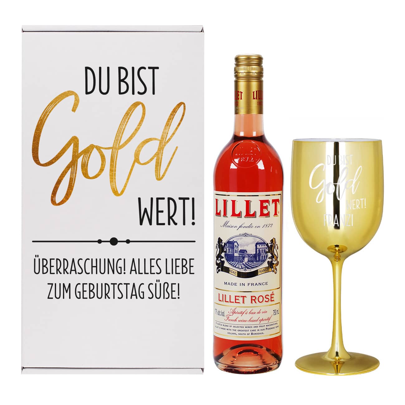 Geschenkset - Du bist Gold wert - mit Lillet Rosé, gravierten Trinkkelch und Präsentbox