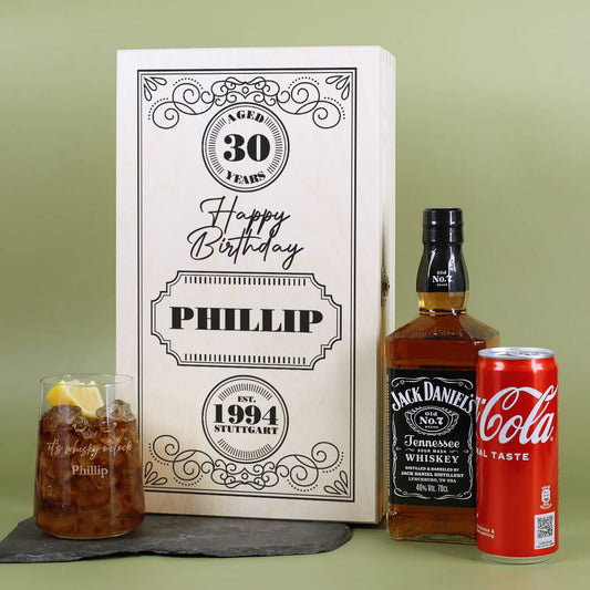 Jack Daniel's Geschenkset mit Holzkiste, Trinkglas, Flasche Whiskey & Dose Cola