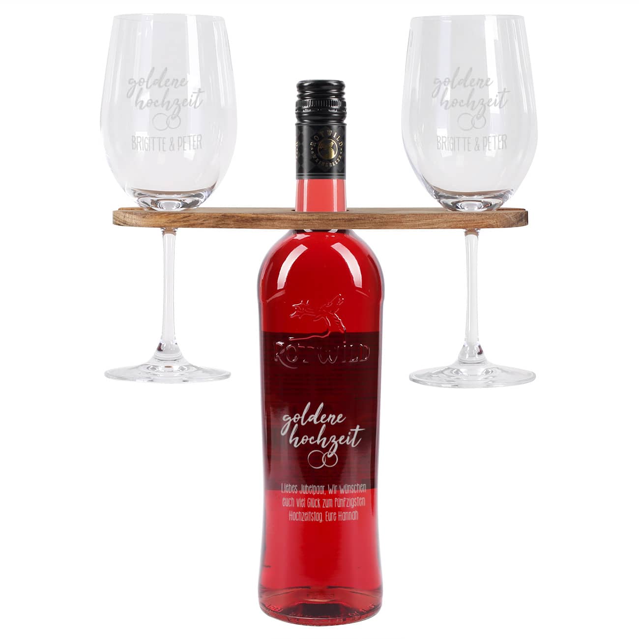 Goldene Hochzeit - Graviertes Geschenkset mit Weinflasche, Weingläsern und Weinbutler
